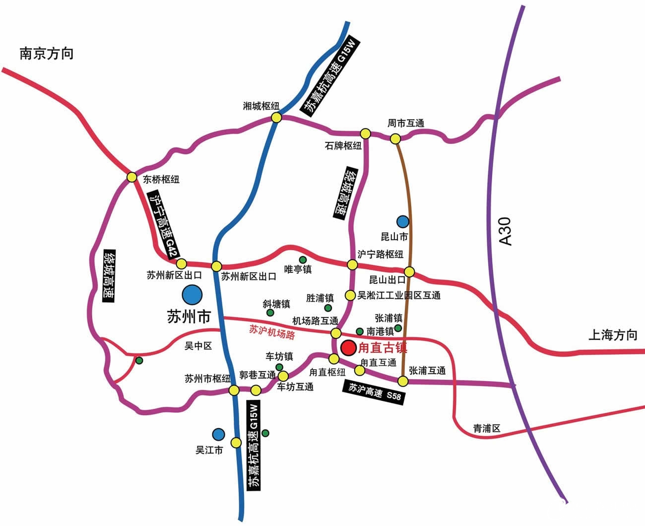 高铁线路 京沪高铁:2011年6月30日京沪高速铁路正式开通运营,沿线的北京、天津、济南、南京等城市均可坐高铁前往甪直,行程时间缩短近一半。去甪直可在苏州北站或昆山南站下车。 苏州北站甪直:在苏州北站乘坐811路在苏州博物馆站下车转乘518路在荷韵新村站下车,然后乘坐52路到达甪直汽车站。也可包车前往。 昆山南站甪直:乘坐公交111路在南港汽车站下车,然后步行至甪直古镇,但是步行路程稍远,可租个电动三轮车到达,票价2元左右。 飞机出行 苏州没有机场,所以乘坐飞机前往甪直的话需